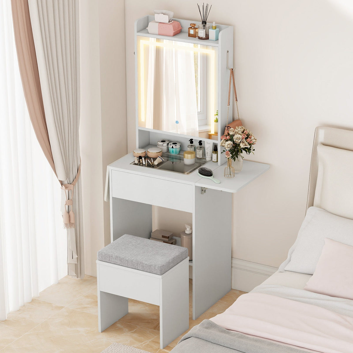Space-saving Vanity Desk with Mirror and Lights for Bedroom