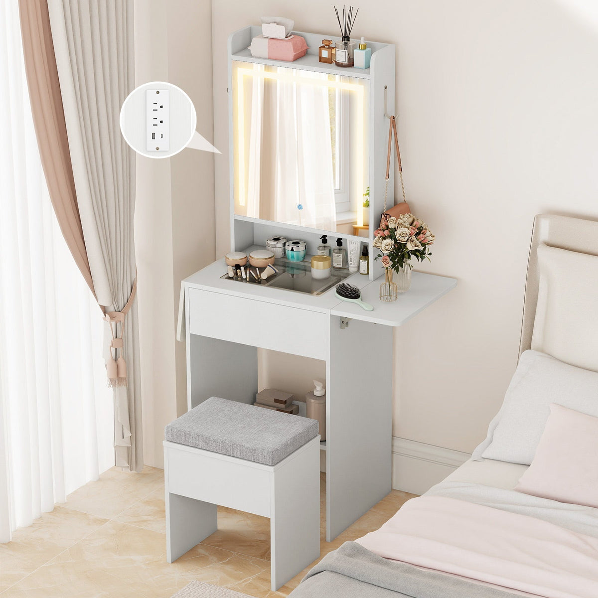 Space-saving Vanity Desk with Mirror and Lights for Bedroom
