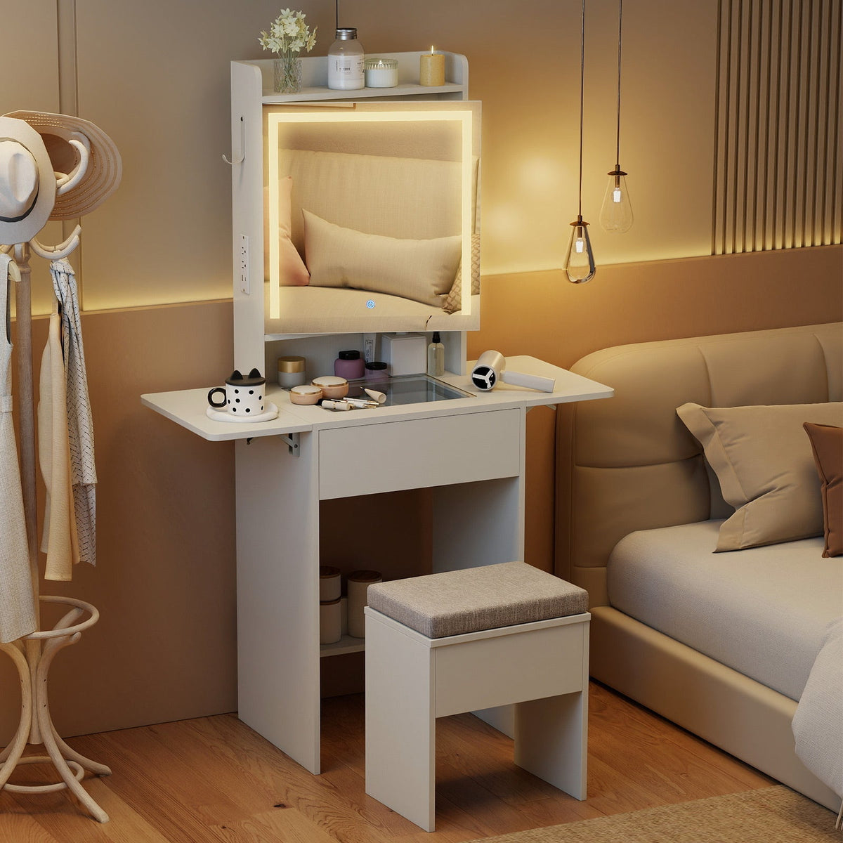 Space-saving Vanity Desk with Mirror and Lights for Bedroom