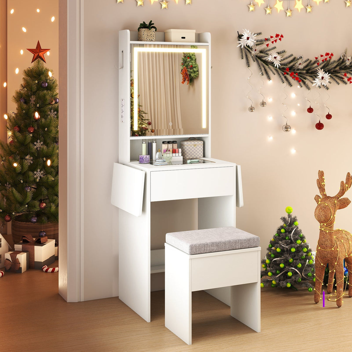 Space-saving Vanity Desk with Mirror and Lights for Bedroom