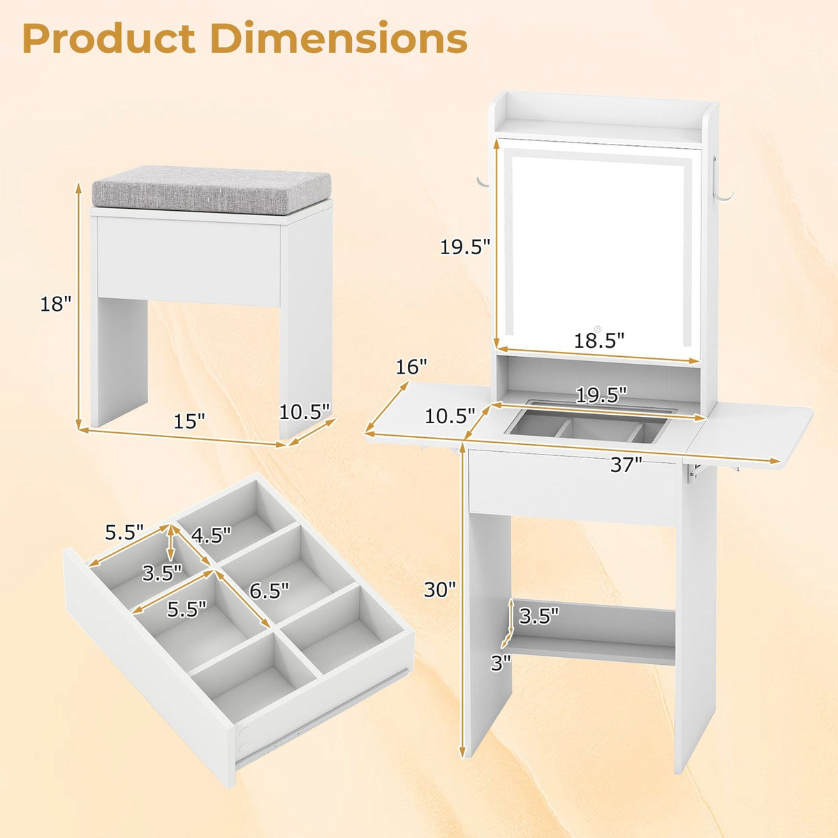 Space-saving Vanity Desk with Mirror and Lights for Bedroom
