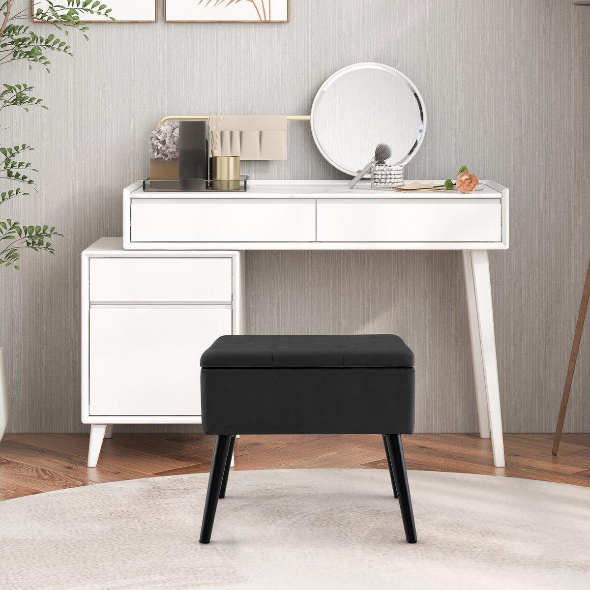 Velvet Storage Ottoman with Solid Wood Legs for Living Room Bedroom