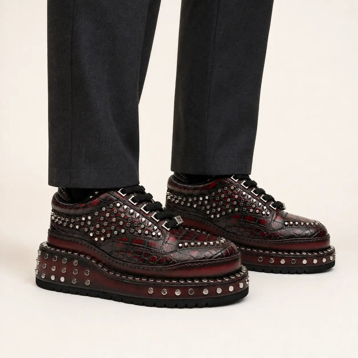 Red Studded Crocodile Leather Sneakers