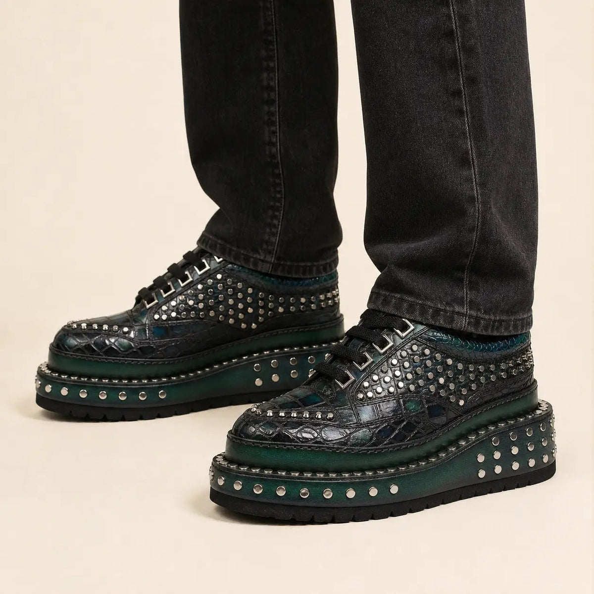 Green Studded Crocodile Leather Sneakers