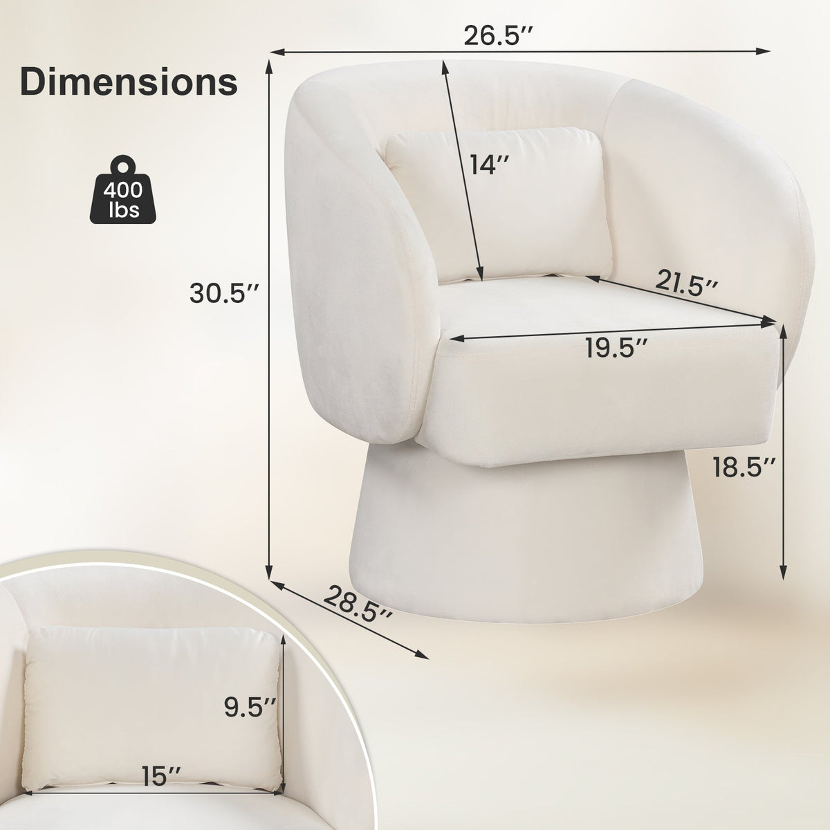 Swivel Accent Chair Upholstered Barrel Chair with Curved Back and Removable Lumbar Pillow