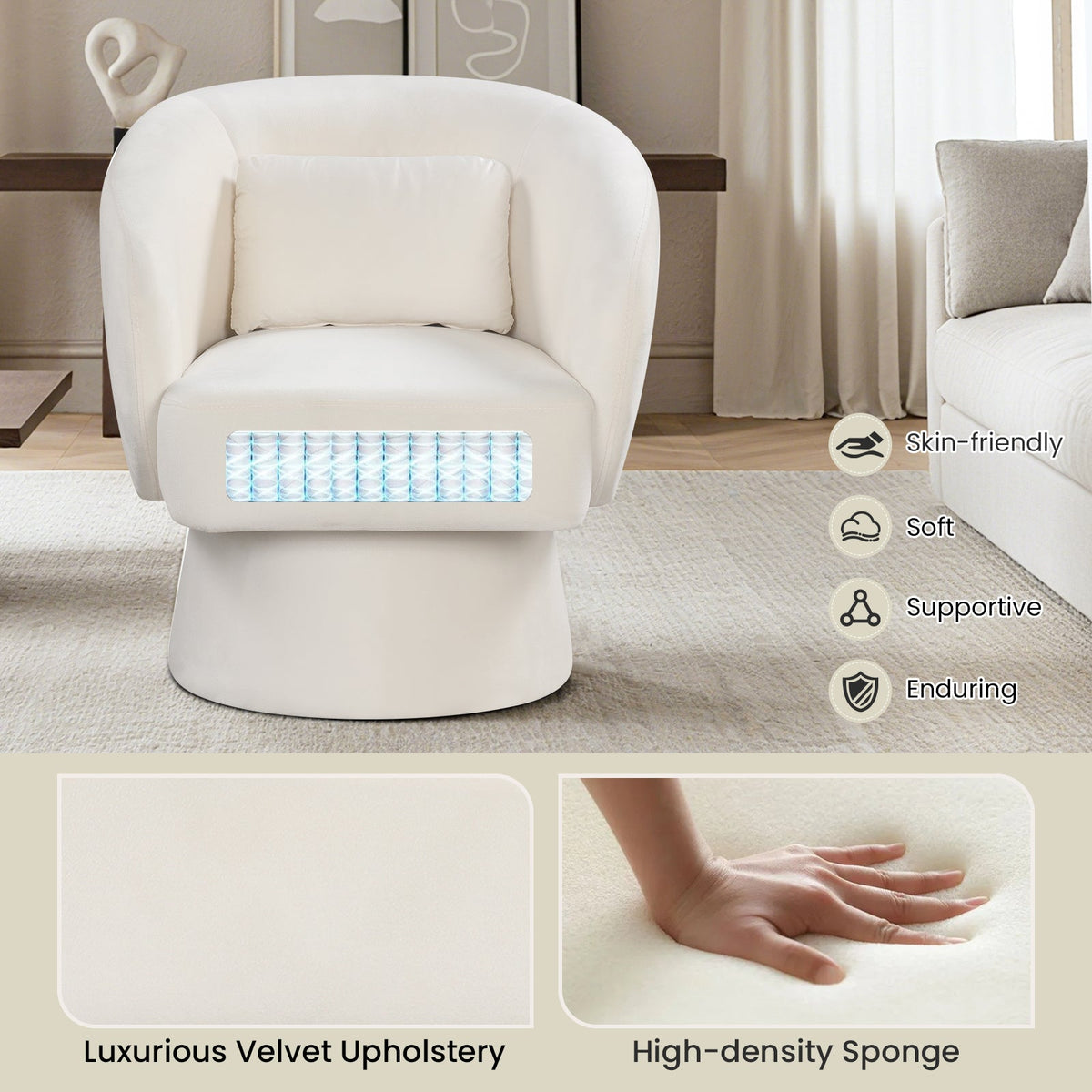 Swivel Accent Chair Upholstered Barrel Chair with Curved Back and Removable Lumbar Pillow
