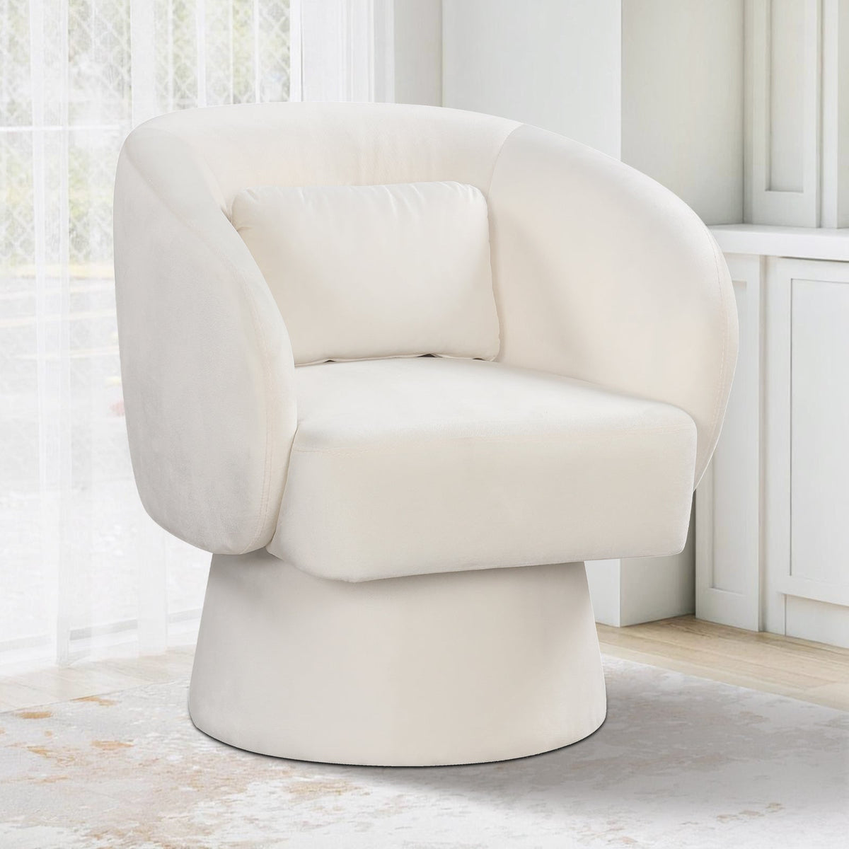 Swivel Accent Chair Upholstered Barrel Chair with Curved Back and Removable Lumbar Pillow