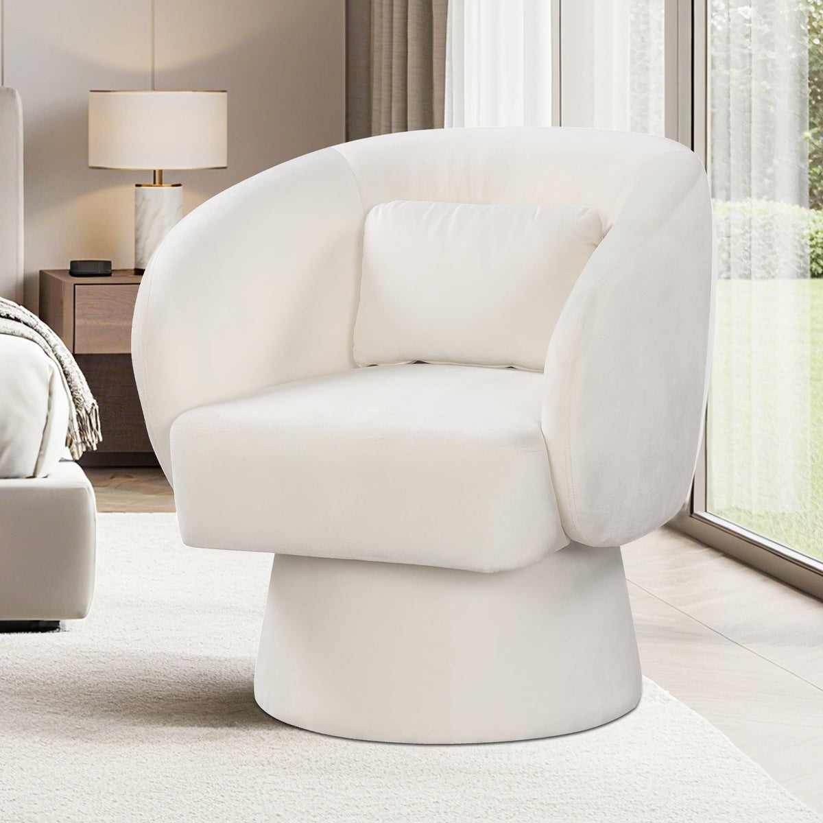 Swivel Accent Chair Upholstered Barrel Chair with Curved Back and Removable Lumbar Pillow