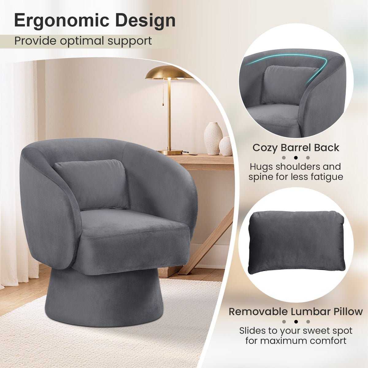 Swivel Accent Chair Upholstered Barrel Chair with Curved Back and Removable Lumbar Pillow