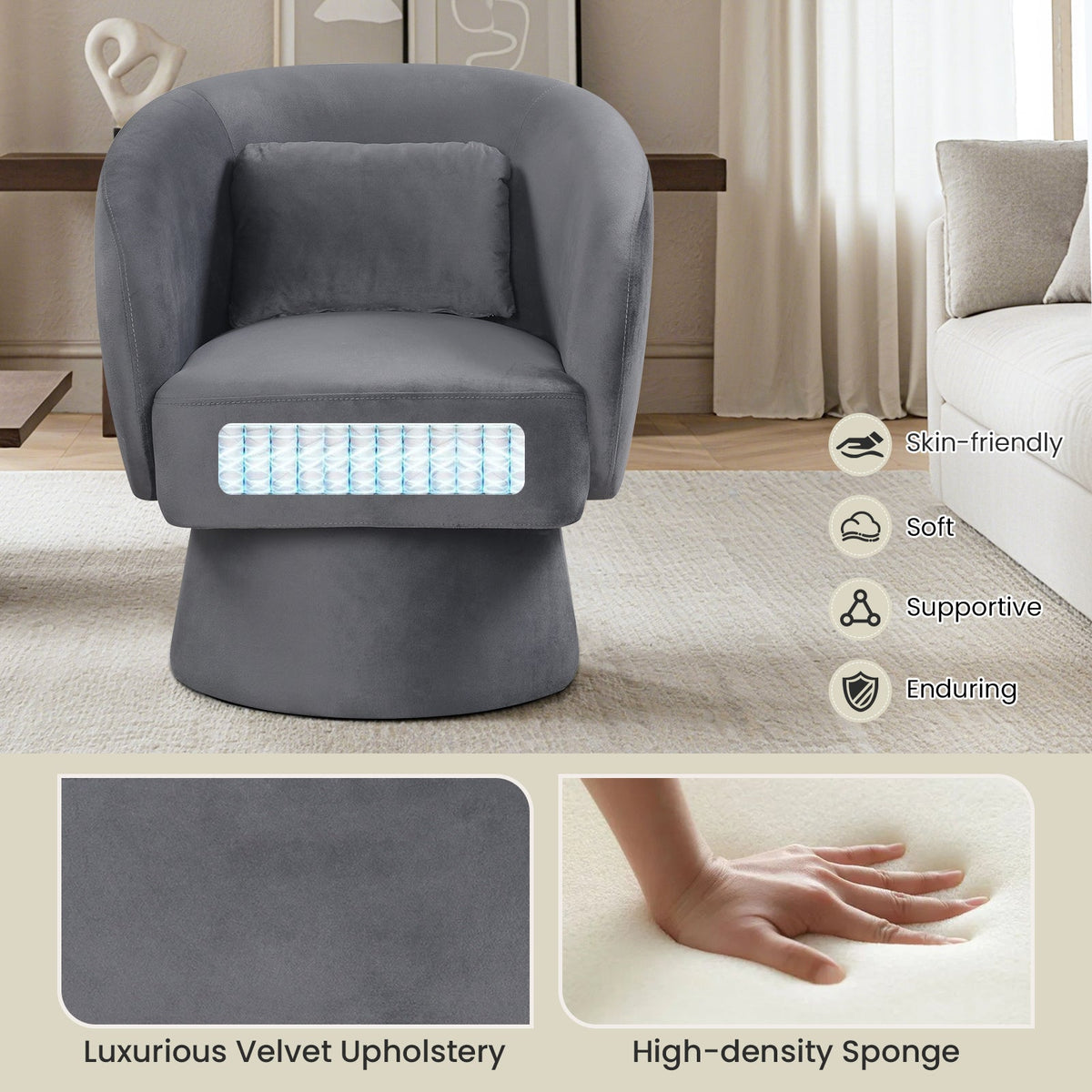 Swivel Accent Chair Upholstered Barrel Chair with Curved Back and Removable Lumbar Pillow