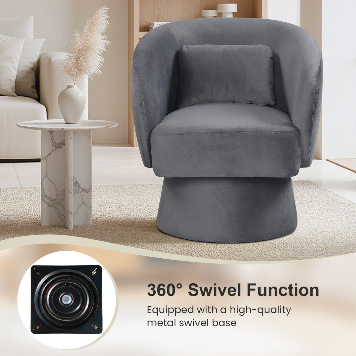Swivel Accent Chair Upholstered Barrel Chair with Curved Back and Removable Lumbar Pillow