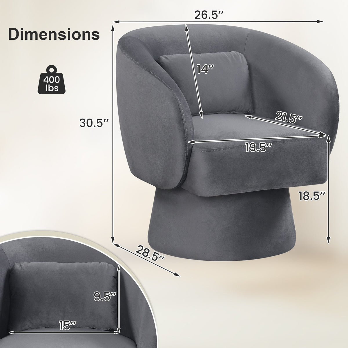 Swivel Accent Chair Upholstered Barrel Chair with Curved Back and Removable Lumbar Pillow