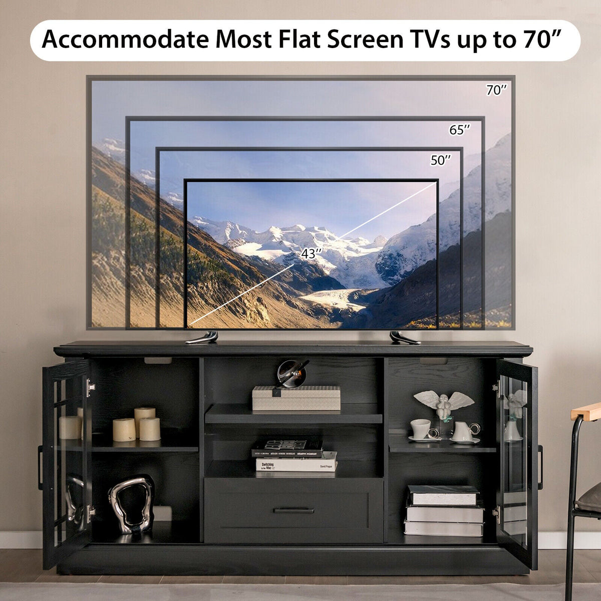 TV Stand for TVs up to 70 with Glass Doors Cubbies and Drawer