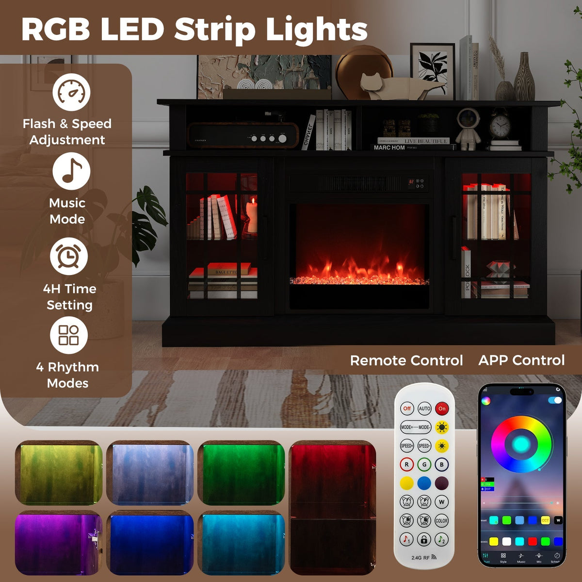 TV Stand with Electric Fireplace LED Lights and Remote Controls for TVs Up to 40 Inch