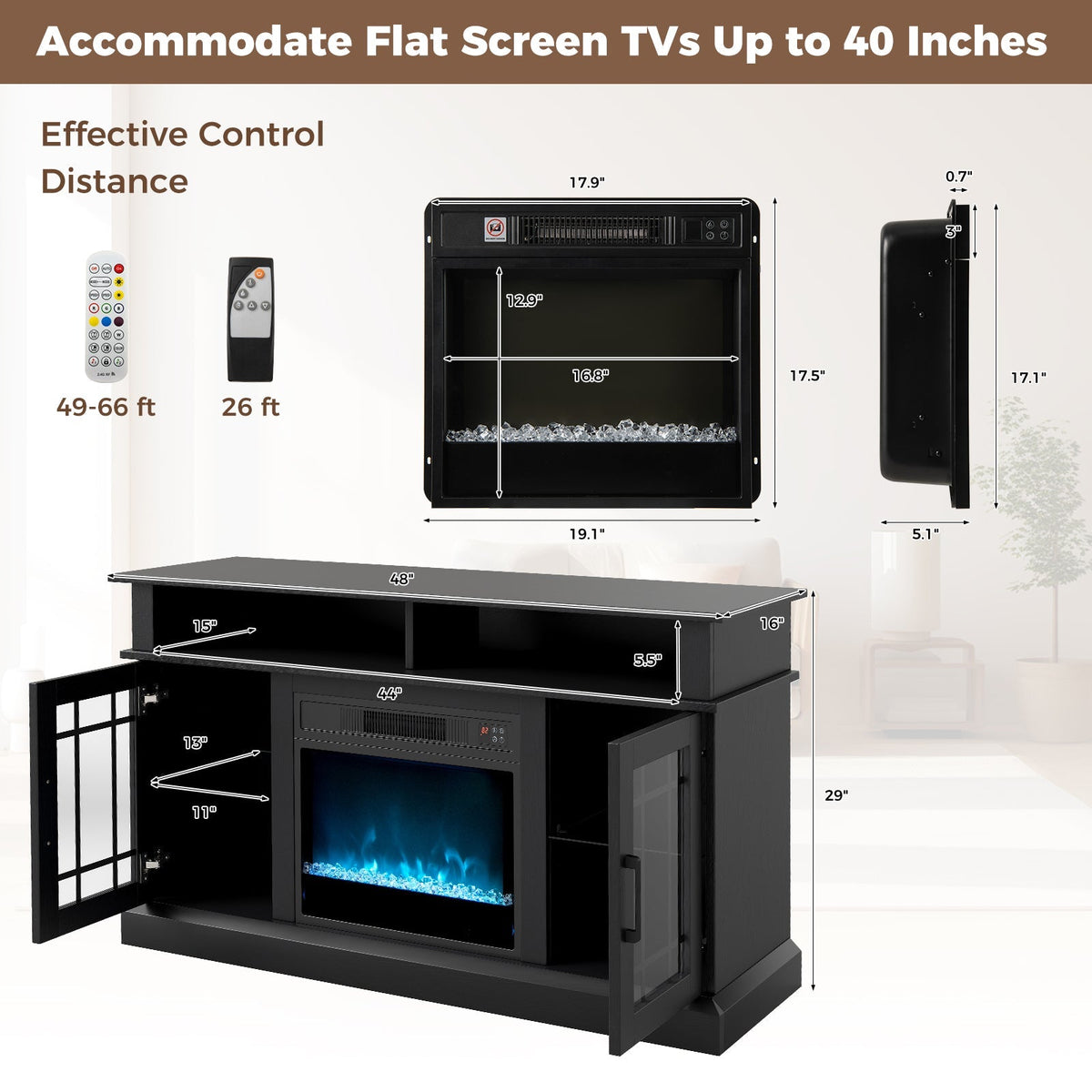 TV Stand with Electric Fireplace LED Lights and Remote Controls for TVs Up to 40 Inch