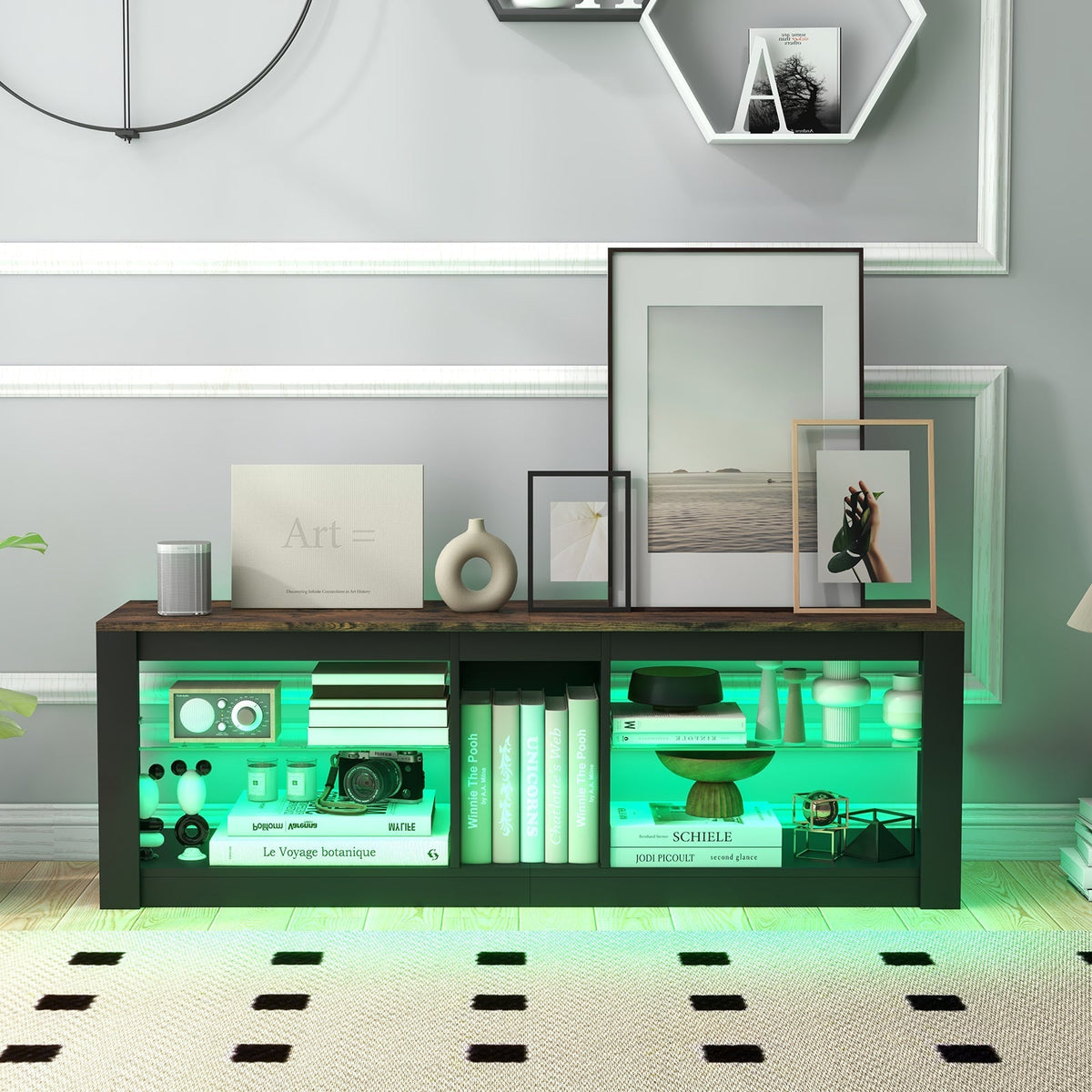 Modern TV Stand with LED Light and Adjustable Shelves for TVs up to 65 inch-Brown