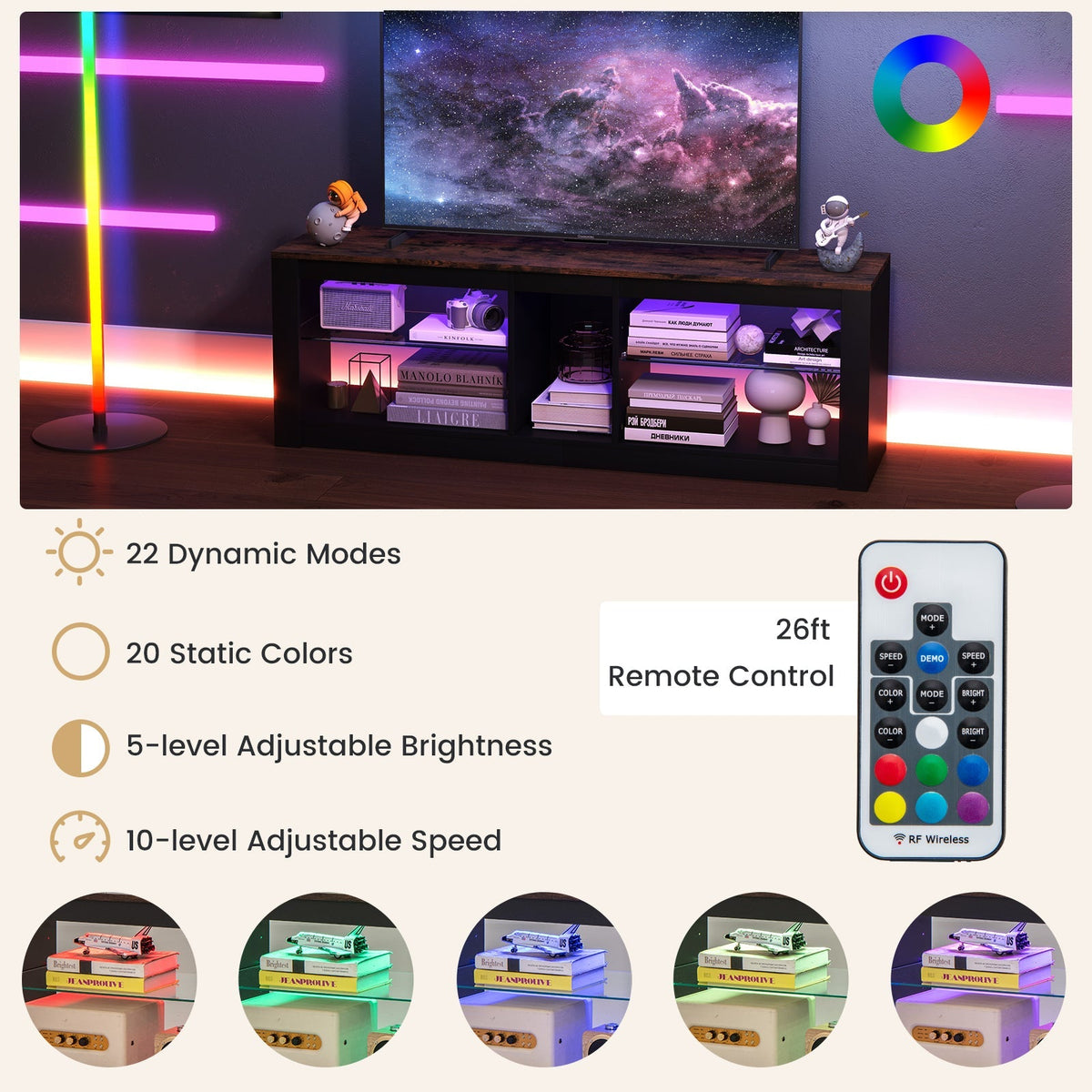 Modern TV Stand with LED Light and Adjustable Shelves for TVs up to 65 inch-Brown