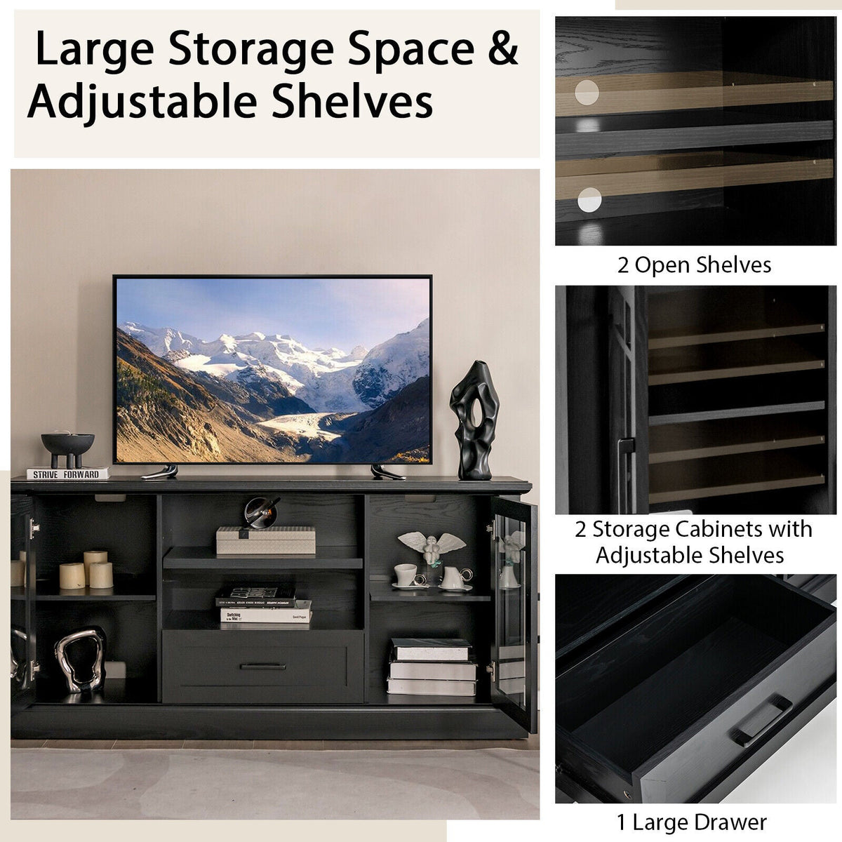 TV Stand for TVs up to 70 with Glass Doors Cubbies and Drawer
