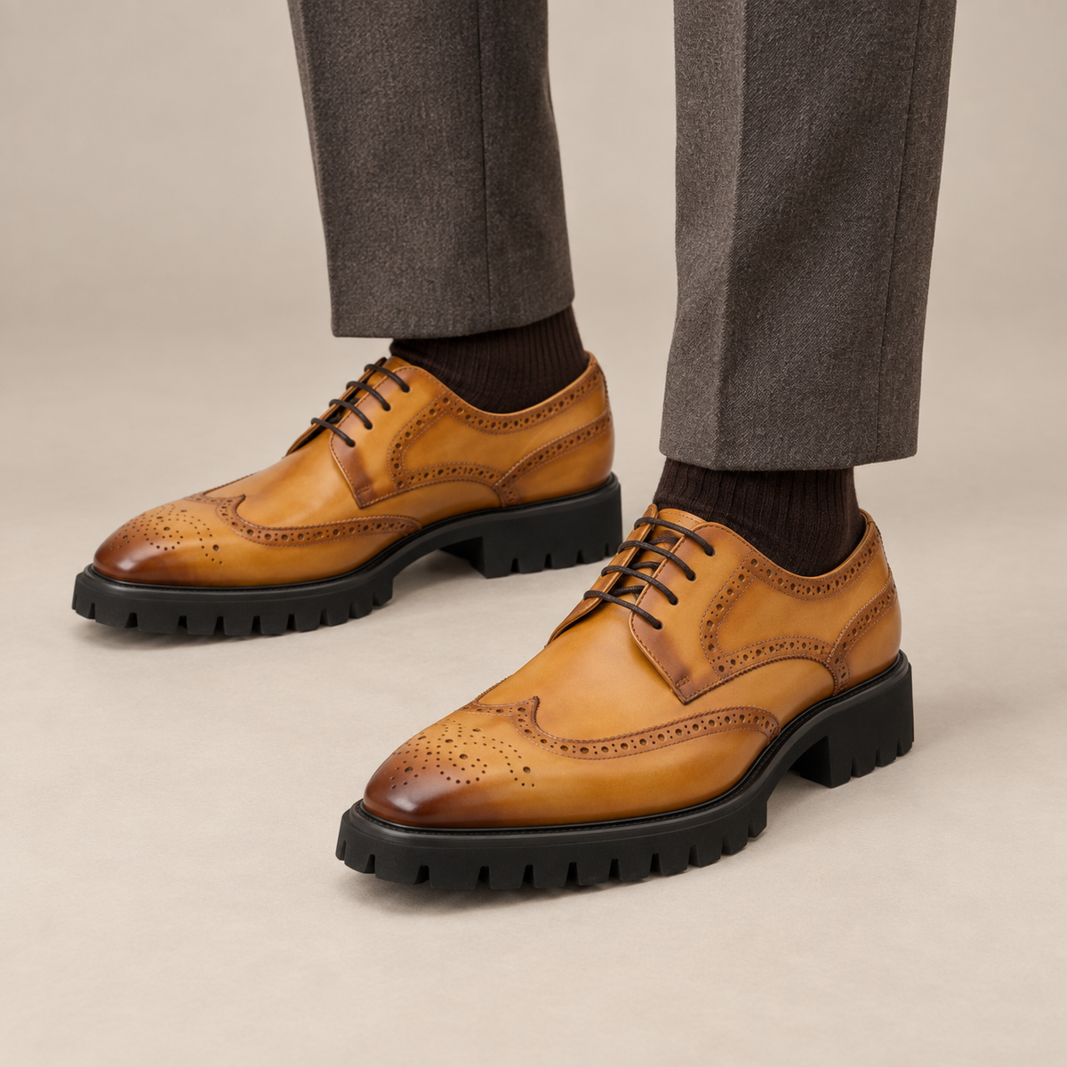Tan Wingtip Cow Leather Derby Shoes