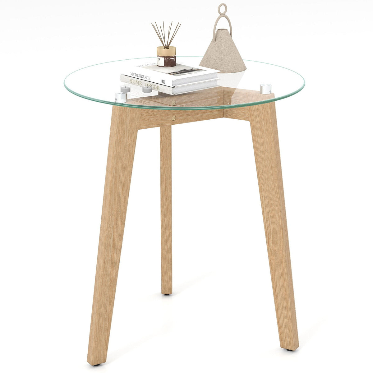 Tempered Glass End Table Round with Solid Rubber Wood Structure