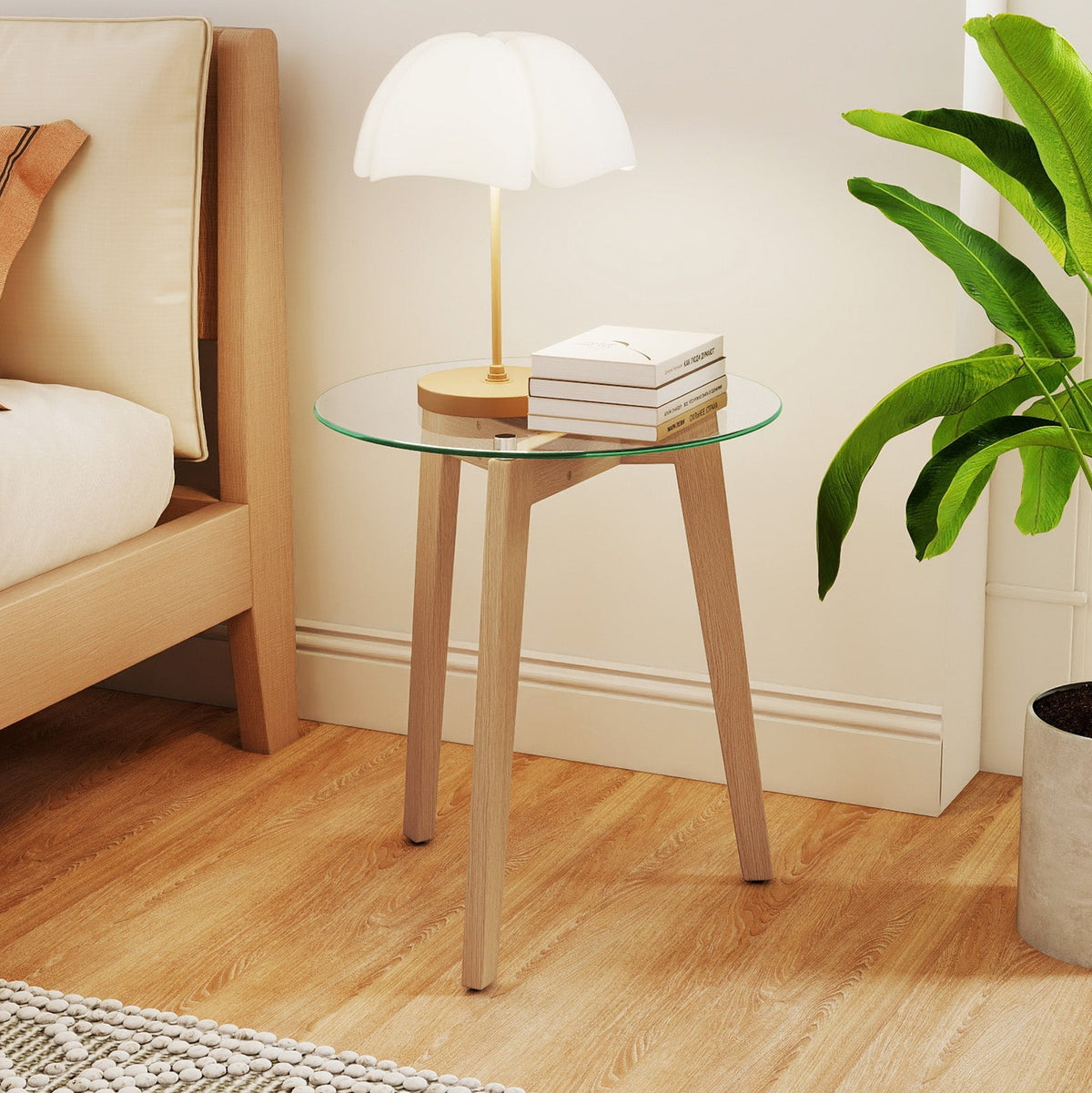 Tempered Glass End Table Round with Solid Rubber Wood Structure