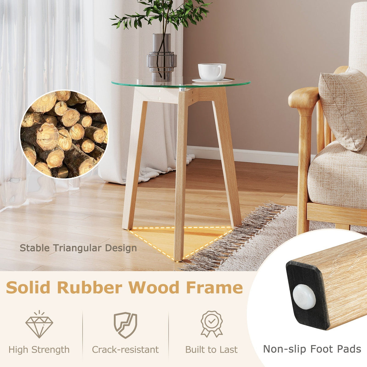 Tempered Glass End Table Round with Solid Rubber Wood Structure