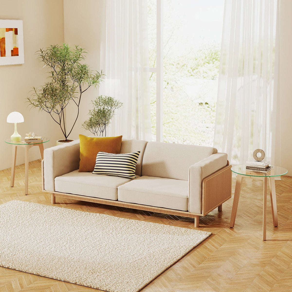 Tempered Glass End Table Round with Solid Rubber Wood Structure