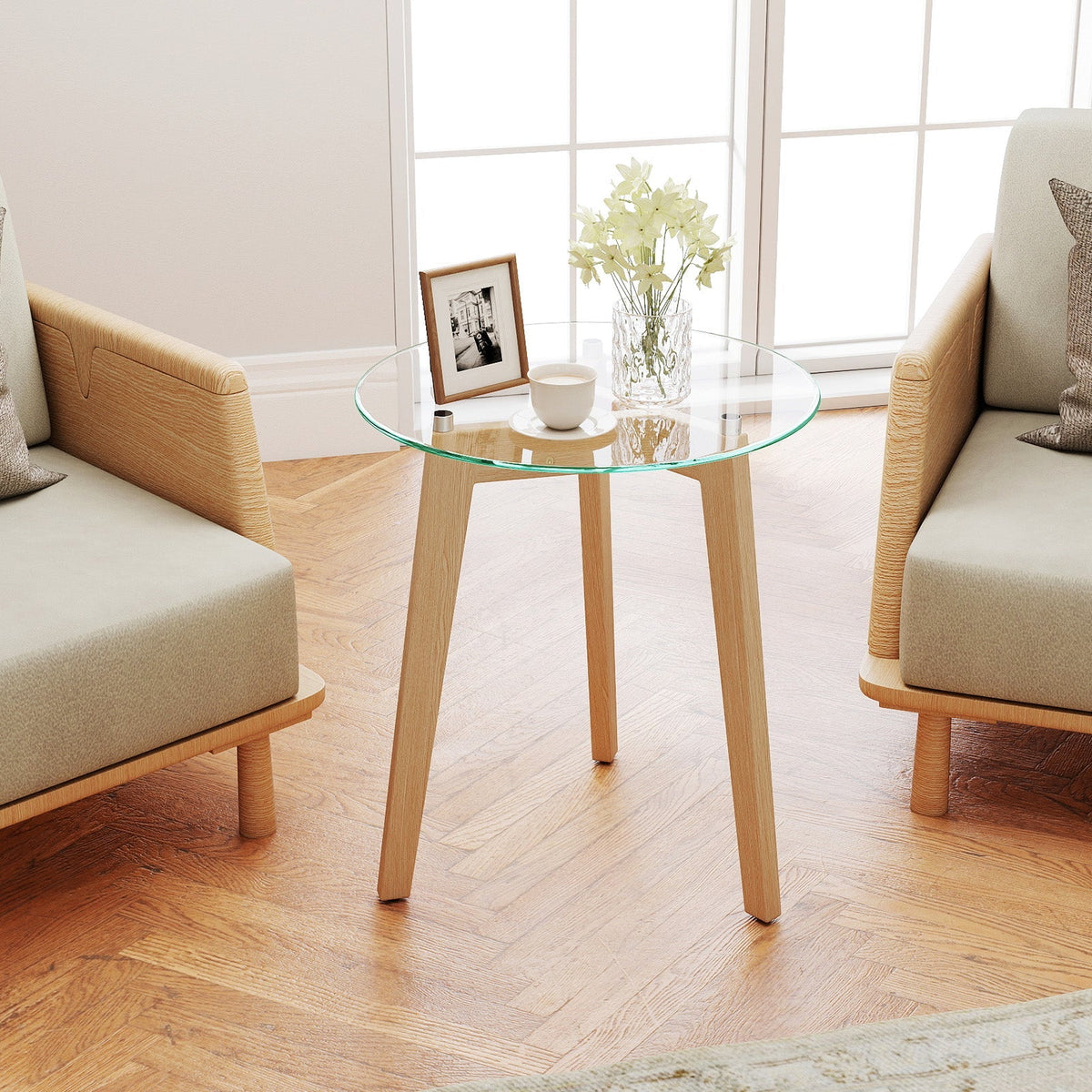 Tempered Glass End Table Round with Solid Rubber Wood Structure