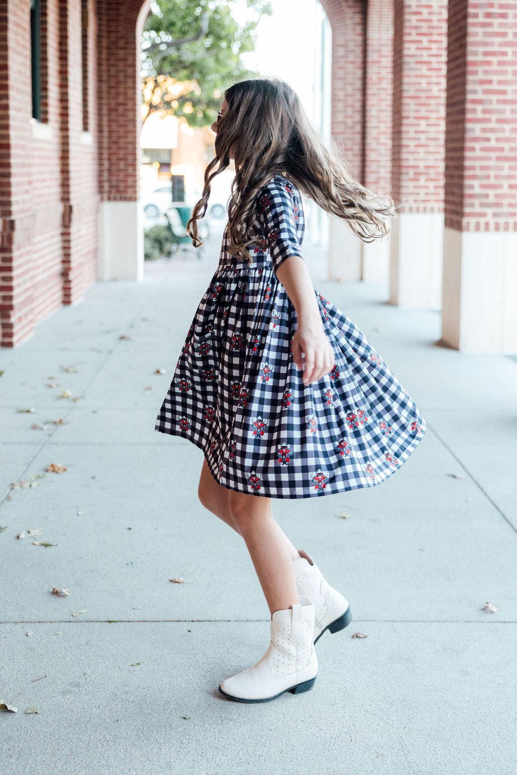 Texas Tech Plaid Raider Red 3/4 Sleeve Pocket Twirl Dress