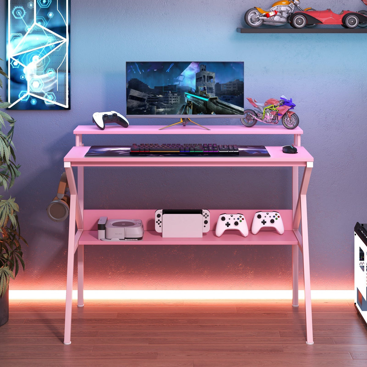 Space Saving Computer Desk with Monitor Stand and Extra Storage Shelf for Work Study