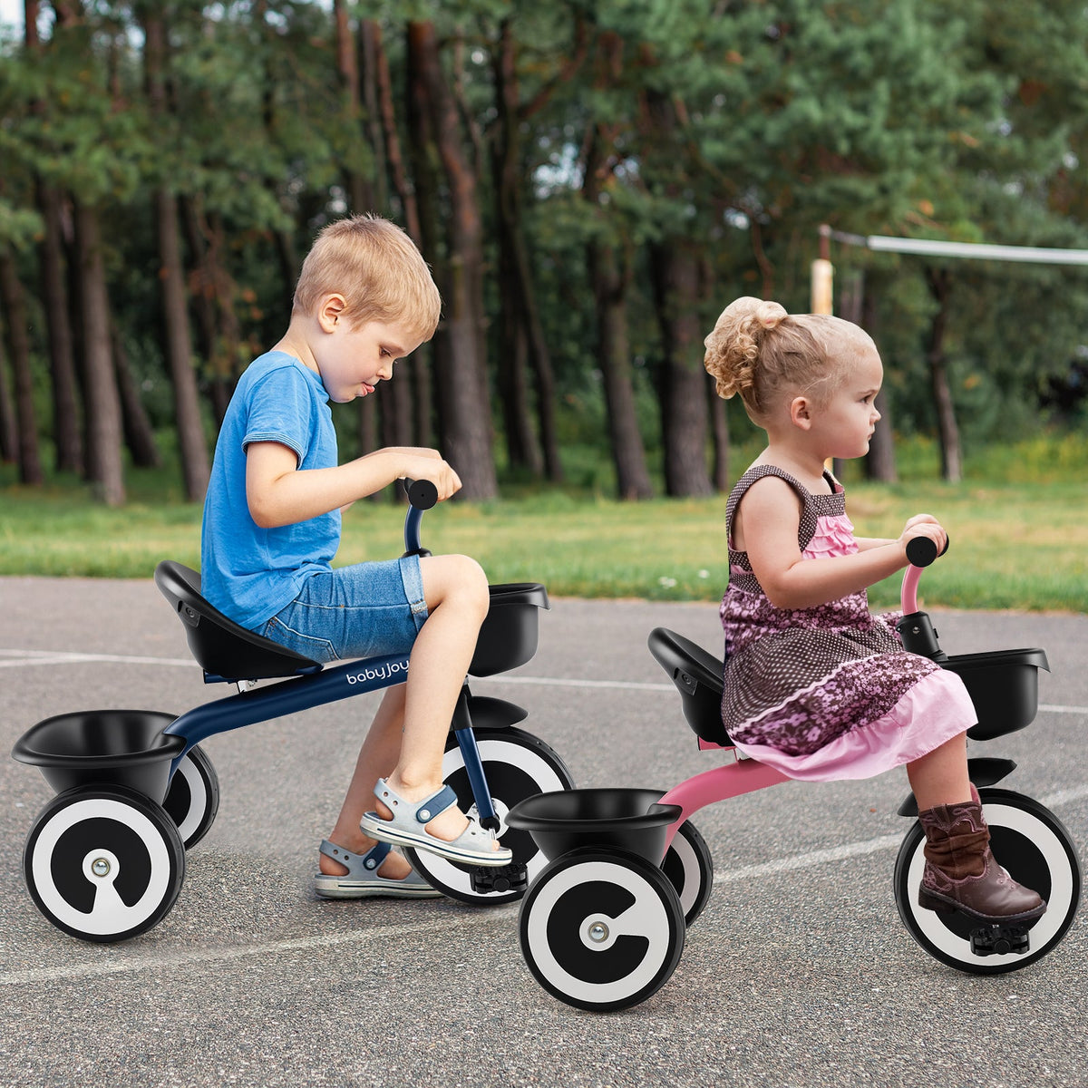 Toddler Tricycle with Adjustable Seat and Storage Baskets for 1.5-5 Years Old-Pink