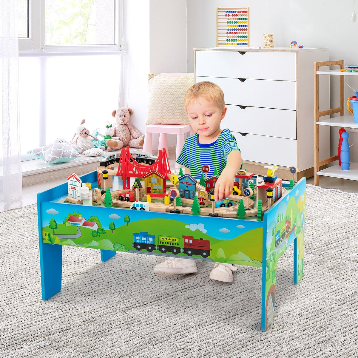Juego de tren de madera de 80 piezas con mesa