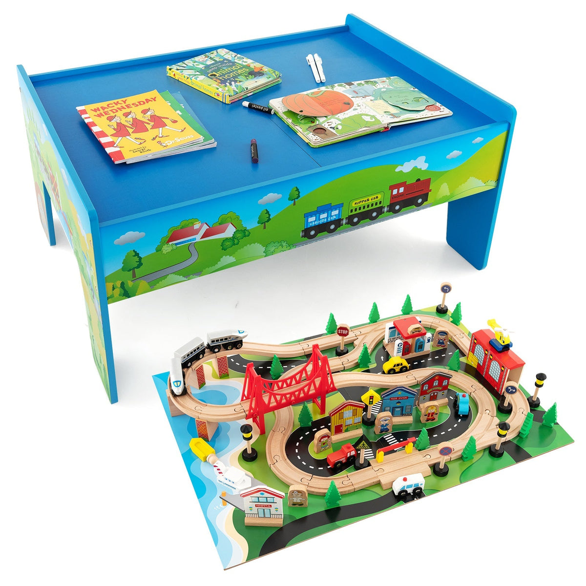 Juego de tren de madera de 80 piezas con mesa