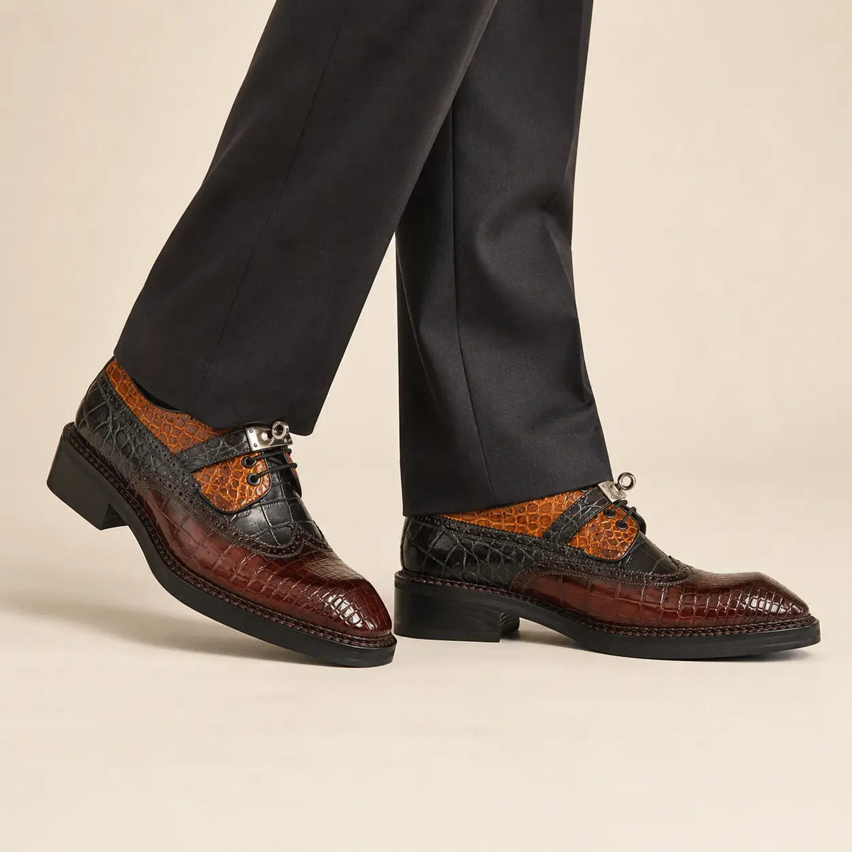 Multicolor Square-Toe Crocodile Leather Derby Shoes