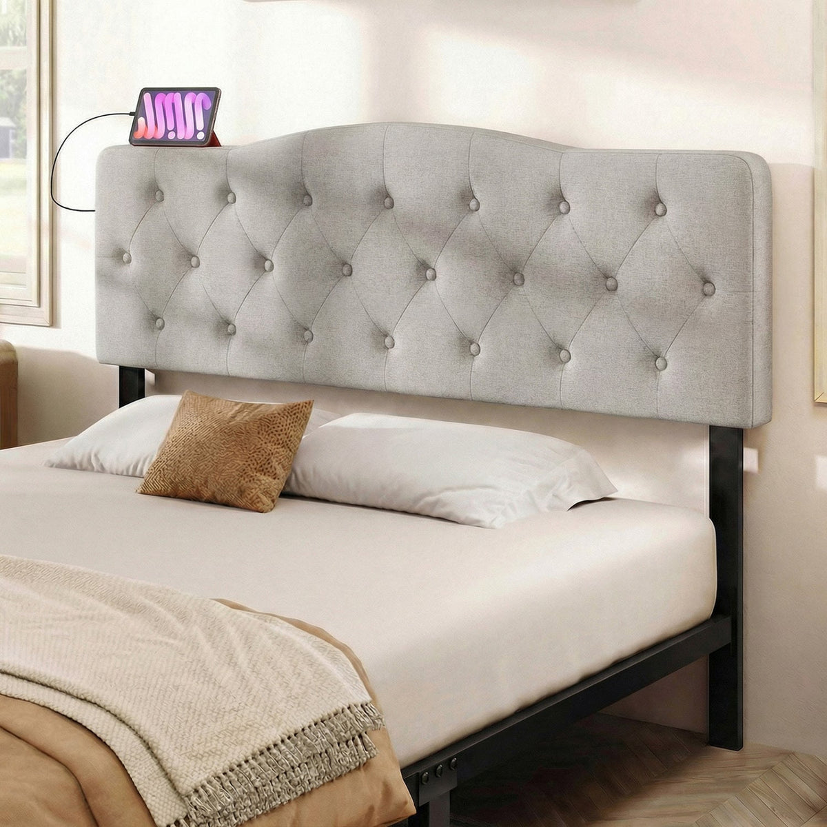 Tufted Upholstered Head Board for Queen and Full Size Bed with 2 AC Outlets