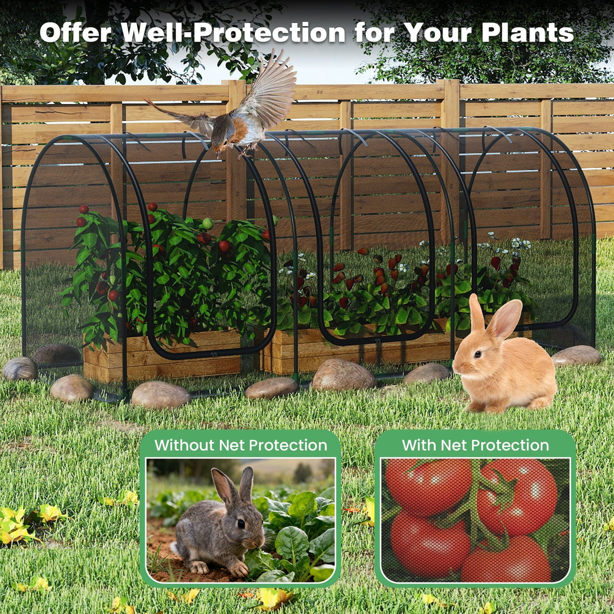 Tunnel Crop Cage Large Portable Plant Protection Tent with 3 Roll-up Zippered Doors
