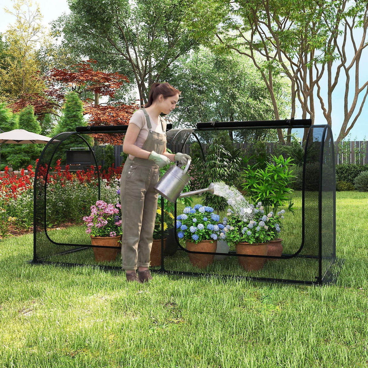 Tunnel Crop Cage Large Portable Plant Protection Tent with 2 Roll-up Zippered Doors