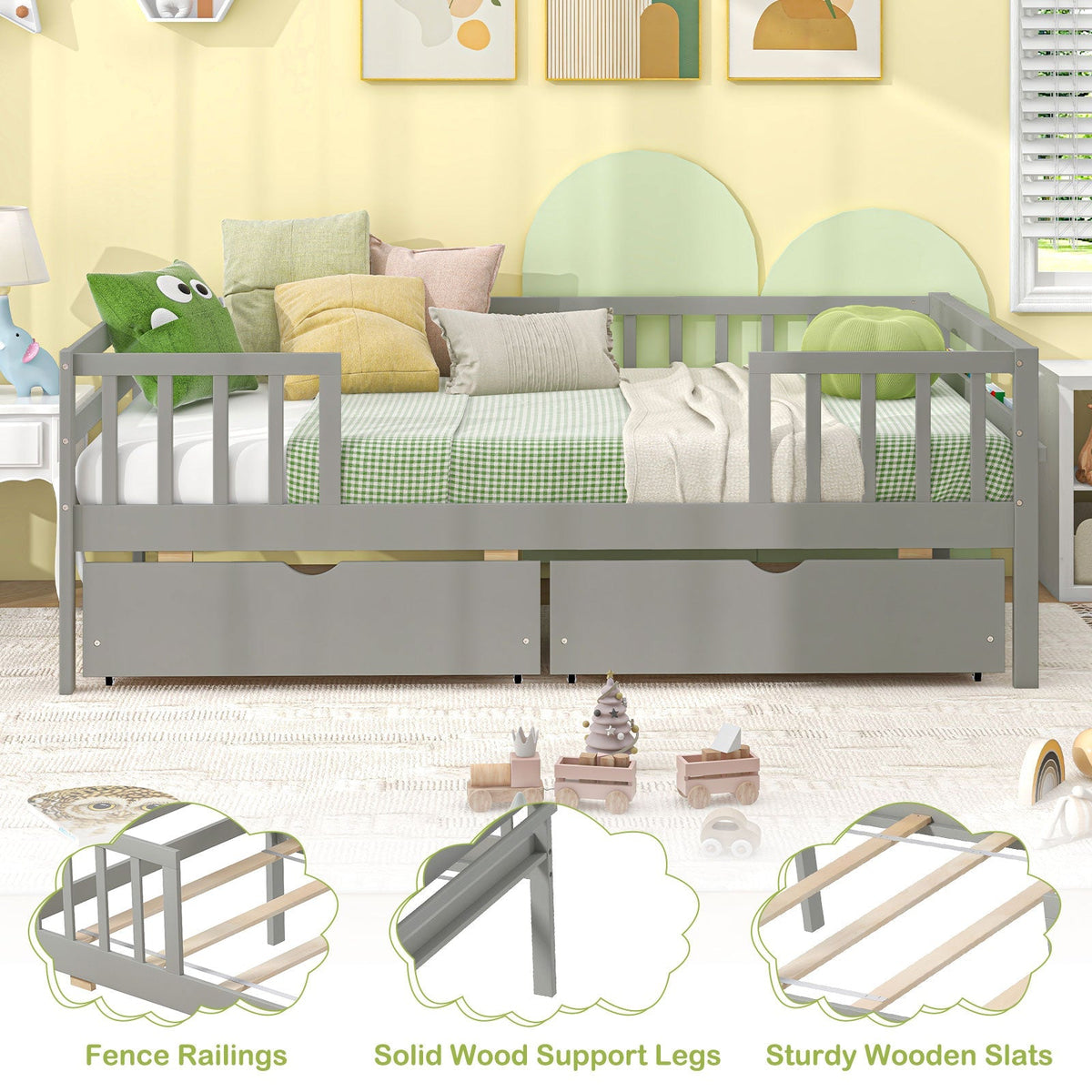Twin Daybed with Fence and 2 Drawers Kids Bed for Boys & Girls