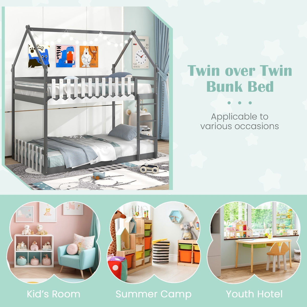 Twin Over Twin Bunk Bed with Fence and Ladder for Kids