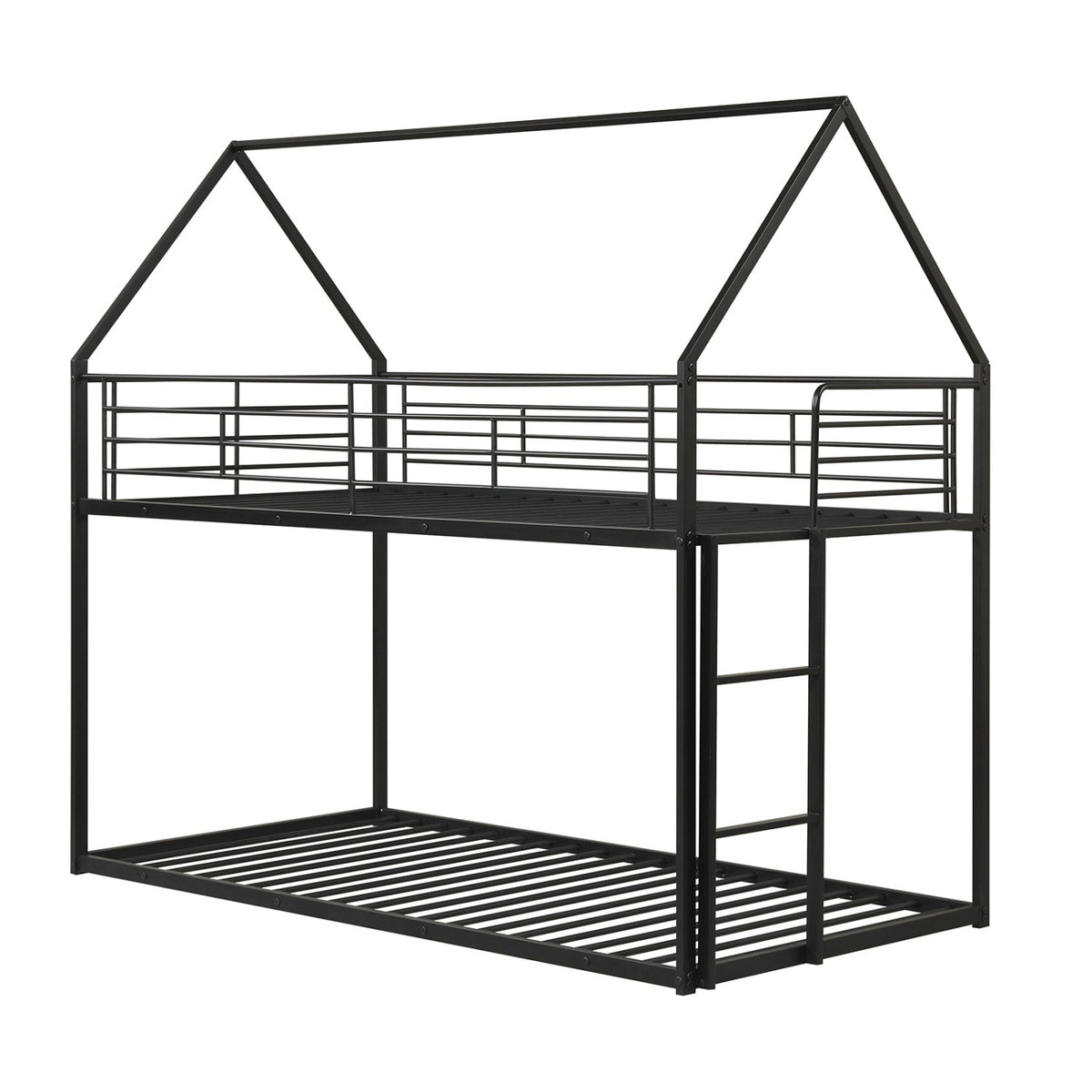 Twin Over Twin Metal Bunk Bed with Roof and Ladder