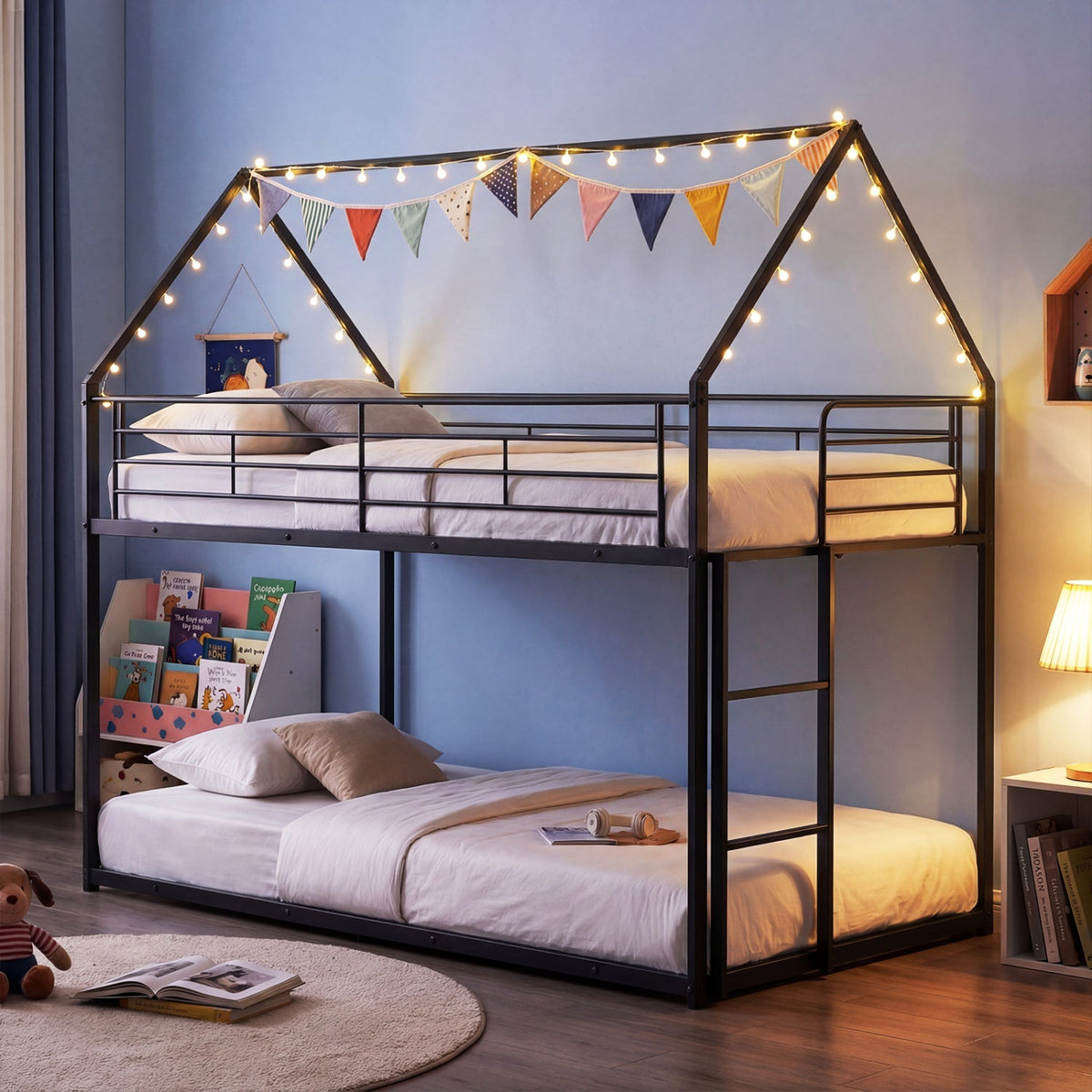 Twin Over Twin Metal Bunk Bed with Roof and Ladder
