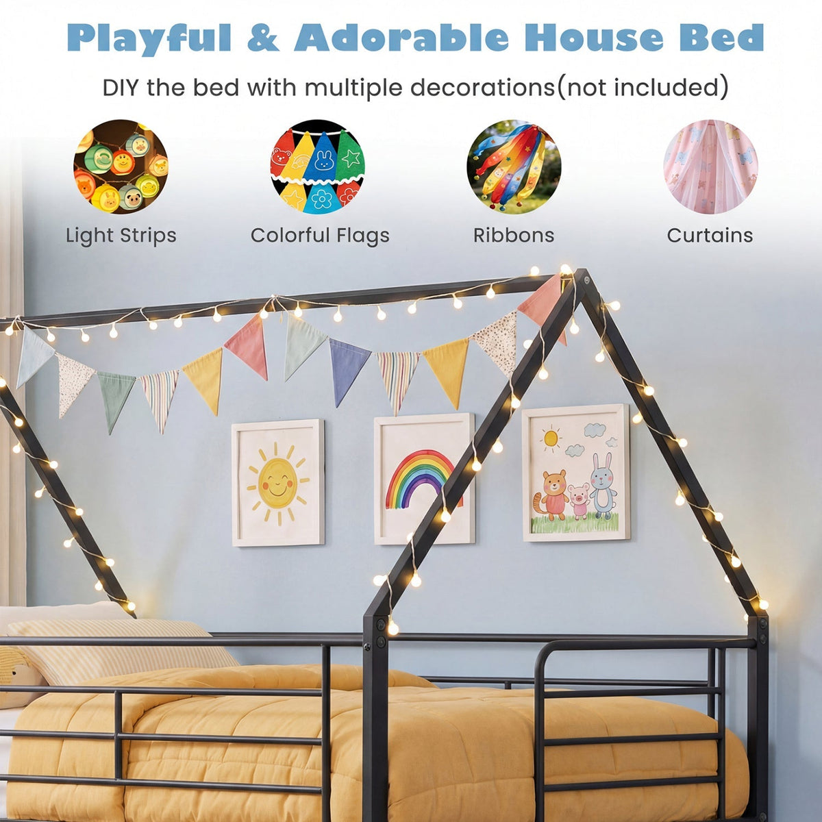 Twin Over Twin Metal Bunk Bed with Roof and Ladder