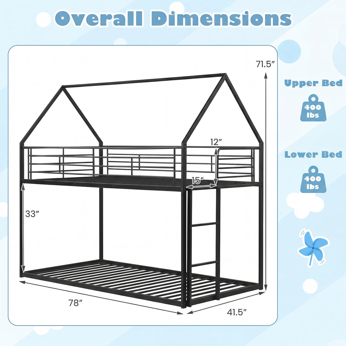 Twin Over Twin Metal Bunk Bed with Roof and Ladder