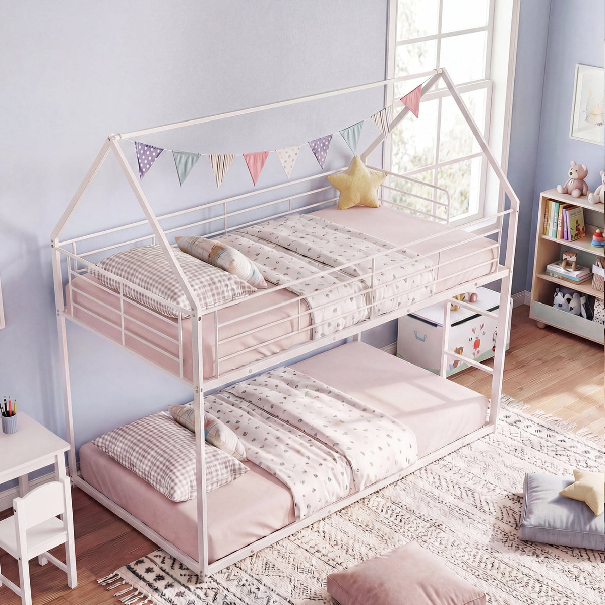 Twin Over Twin Metal Bunk Bed with Roof and Ladder