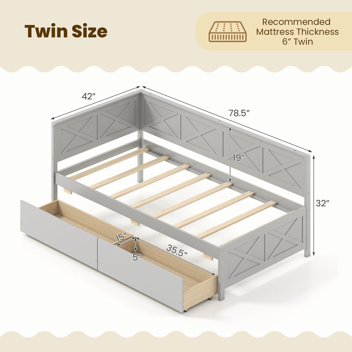 Twin Size Daybed with 2 Storage Drawers No Box Spring Needed