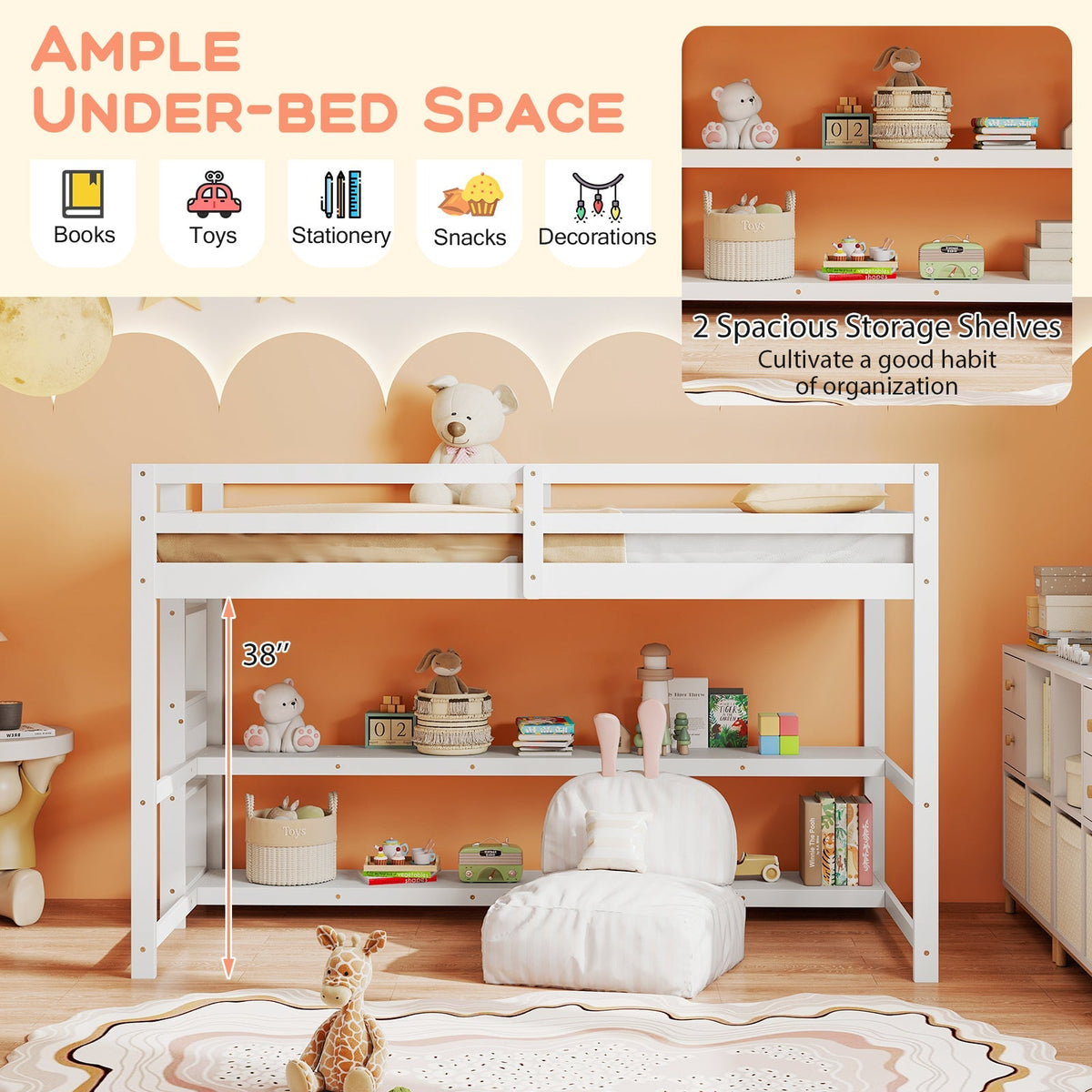 Twin Size Loft Bed with Storage Shelves Full-length Guardrails and Ladder-White