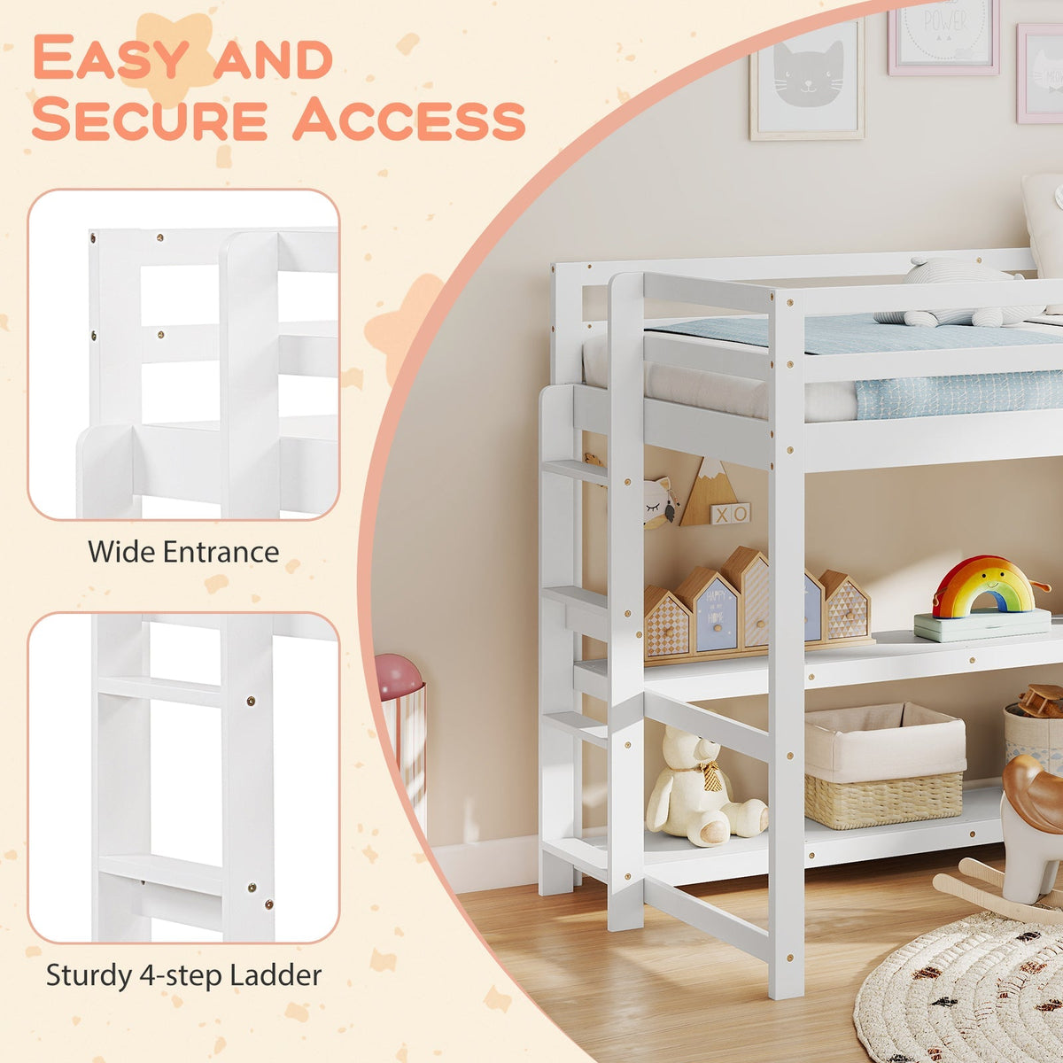 Twin Size Loft Bed with Storage Shelves Full-length Guardrails and Ladder-White