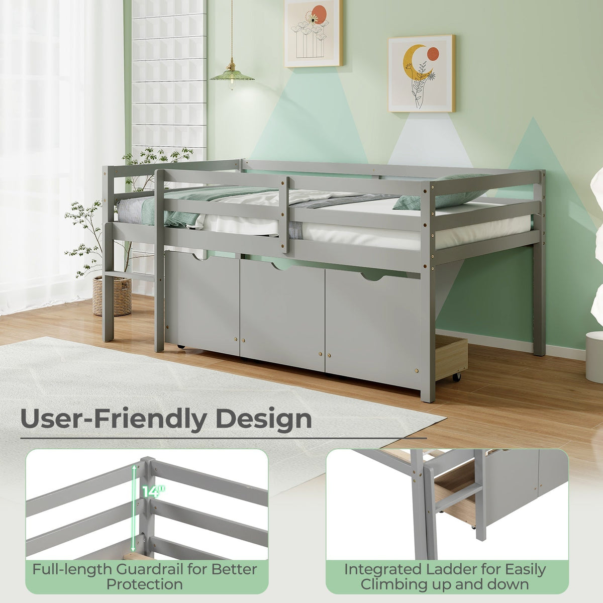 Twin Size Low Loft Bed with 3 Drawers with Ladder and Full-length Guardrails