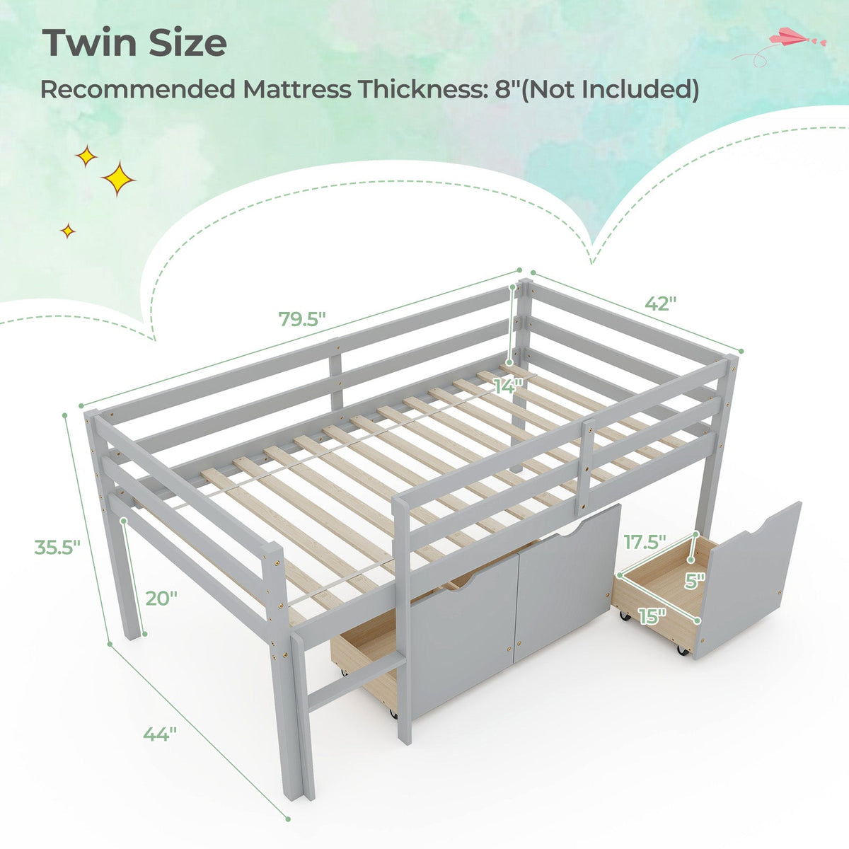Twin Size Low Loft Bed with 3 Drawers with Ladder and Full-length Guardrails