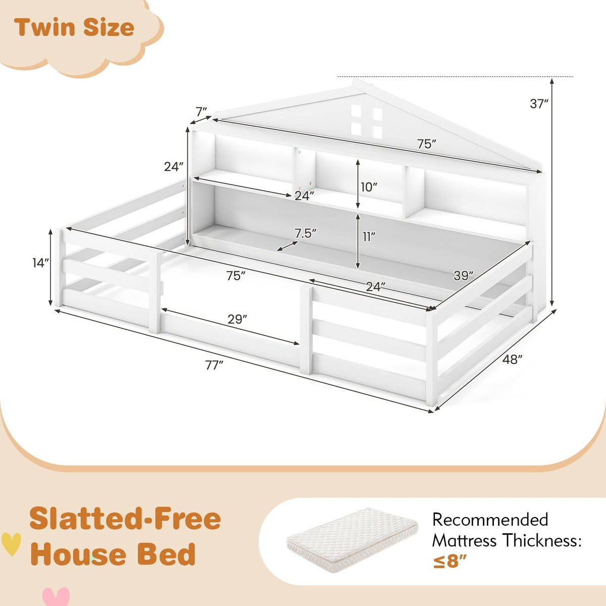 Twin Size Montessori Floor Bed with Storage Compartments and Shelf